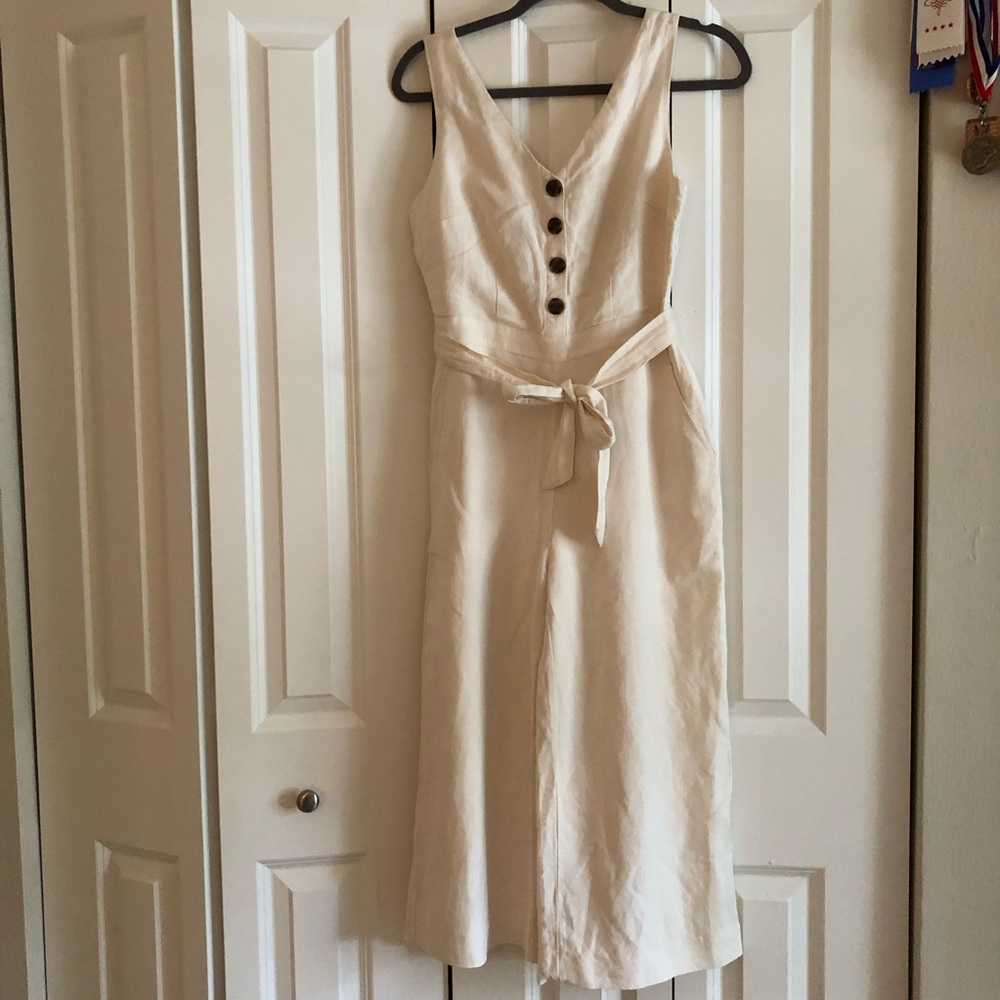 LOFT Linen Tie Waist Button Jumpsuit